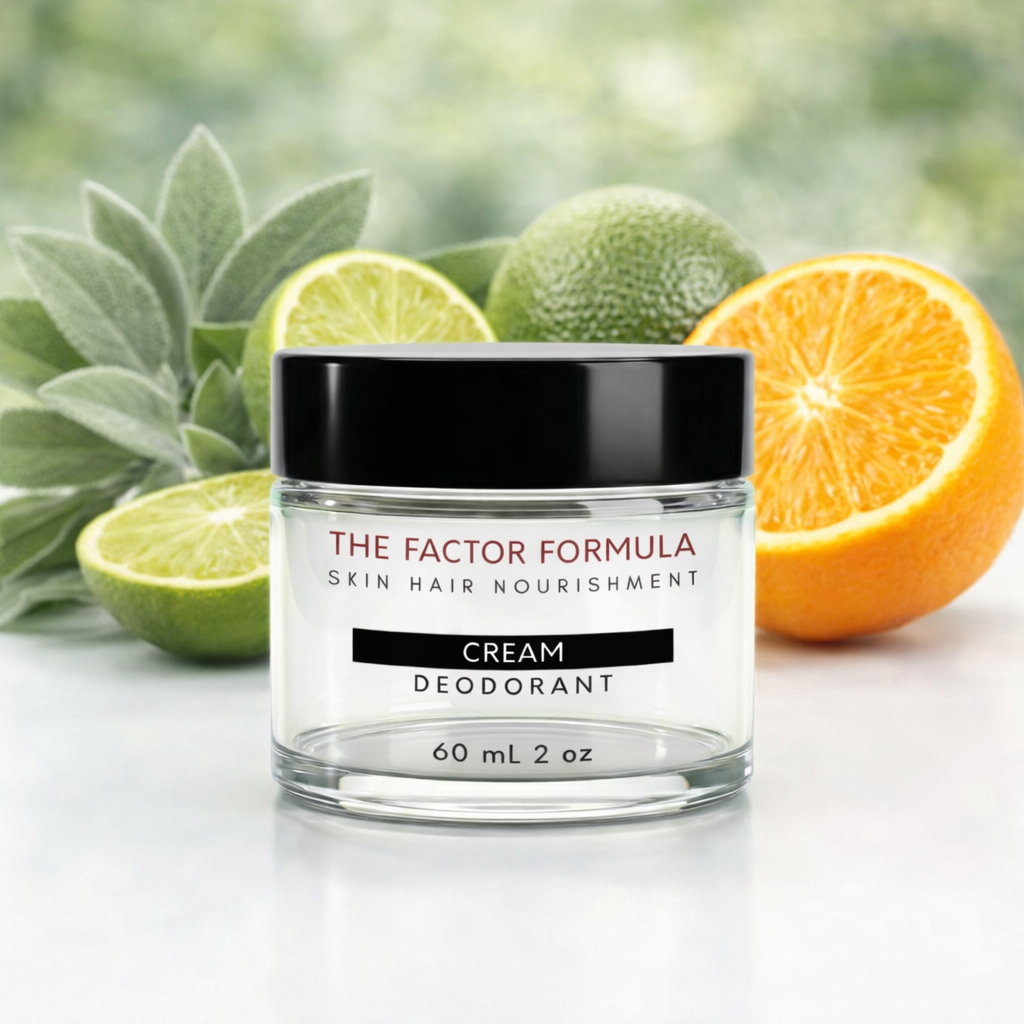 Jar of 'The Factor Formula' cream deodorant with citrus fruits and herbs on a light background