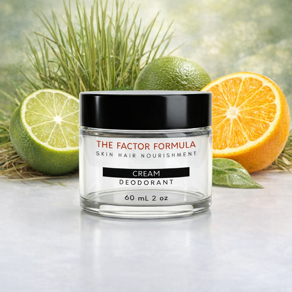 Jar of 'The Factor Formula' cream deodorant with citrus fruits in the background