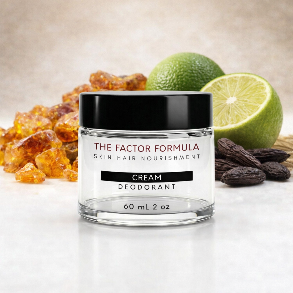 Jar of 'The Factor Formula' cream deodorant with ingredients like limes and ambergris on a neutral background